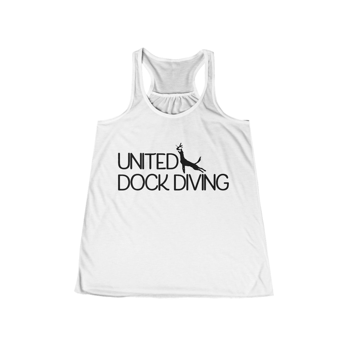 Women's Flowy Racerback Tank with 'United Dock Diving' Print, Summer Activewear, Beachwear, Casual Fitness Top, Dog Lovers Apparel