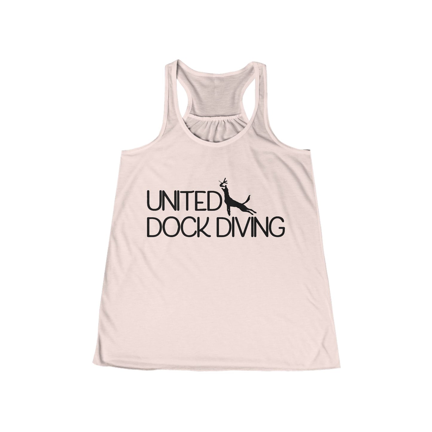 Women's Flowy Racerback Tank with 'United Dock Diving' Print, Summer Activewear, Beachwear, Casual Fitness Top, Dog Lovers Apparel