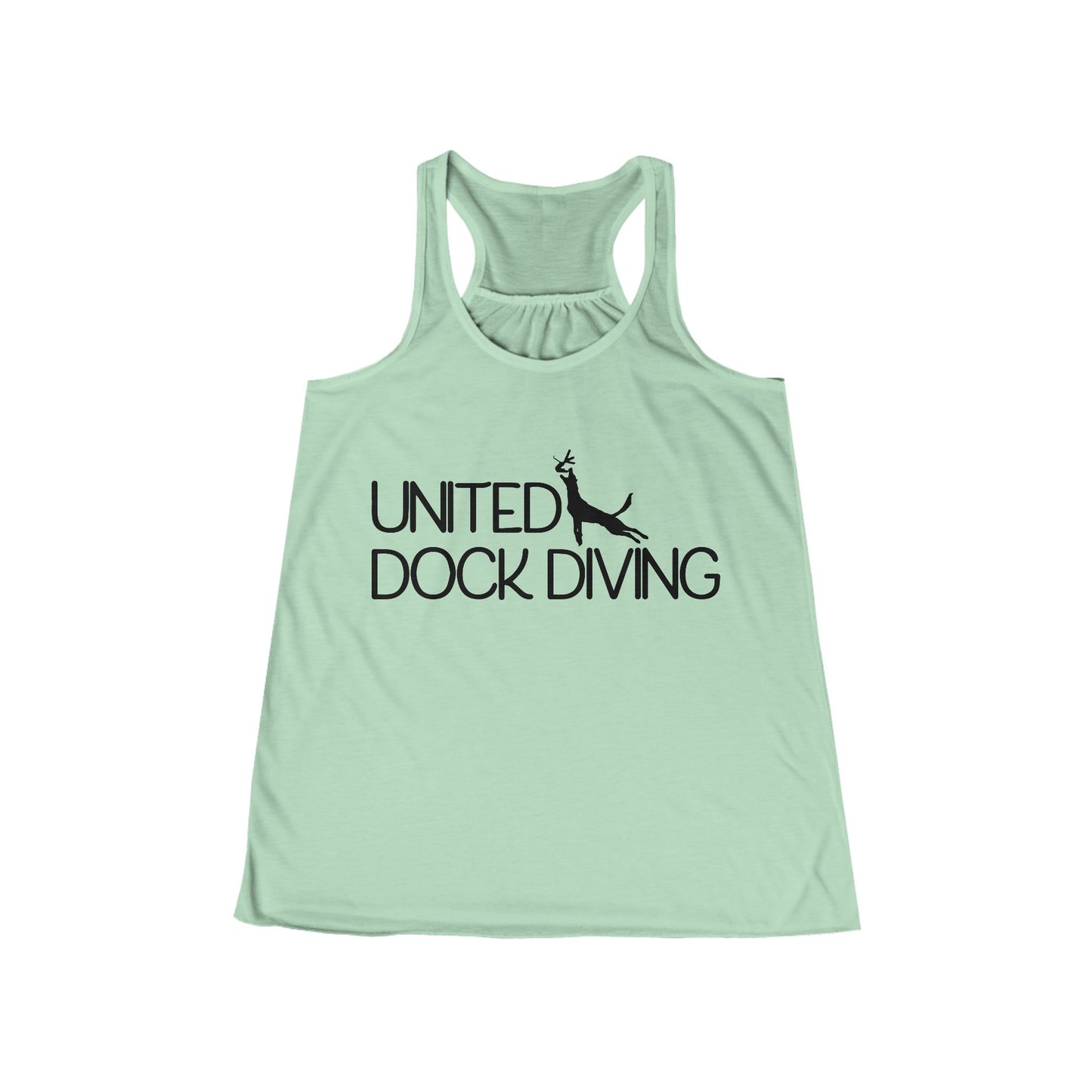 Women's Flowy Racerback Tank with 'United Dock Diving' Print, Summer Activewear, Beachwear, Casual Fitness Top, Dog Lovers Apparel
