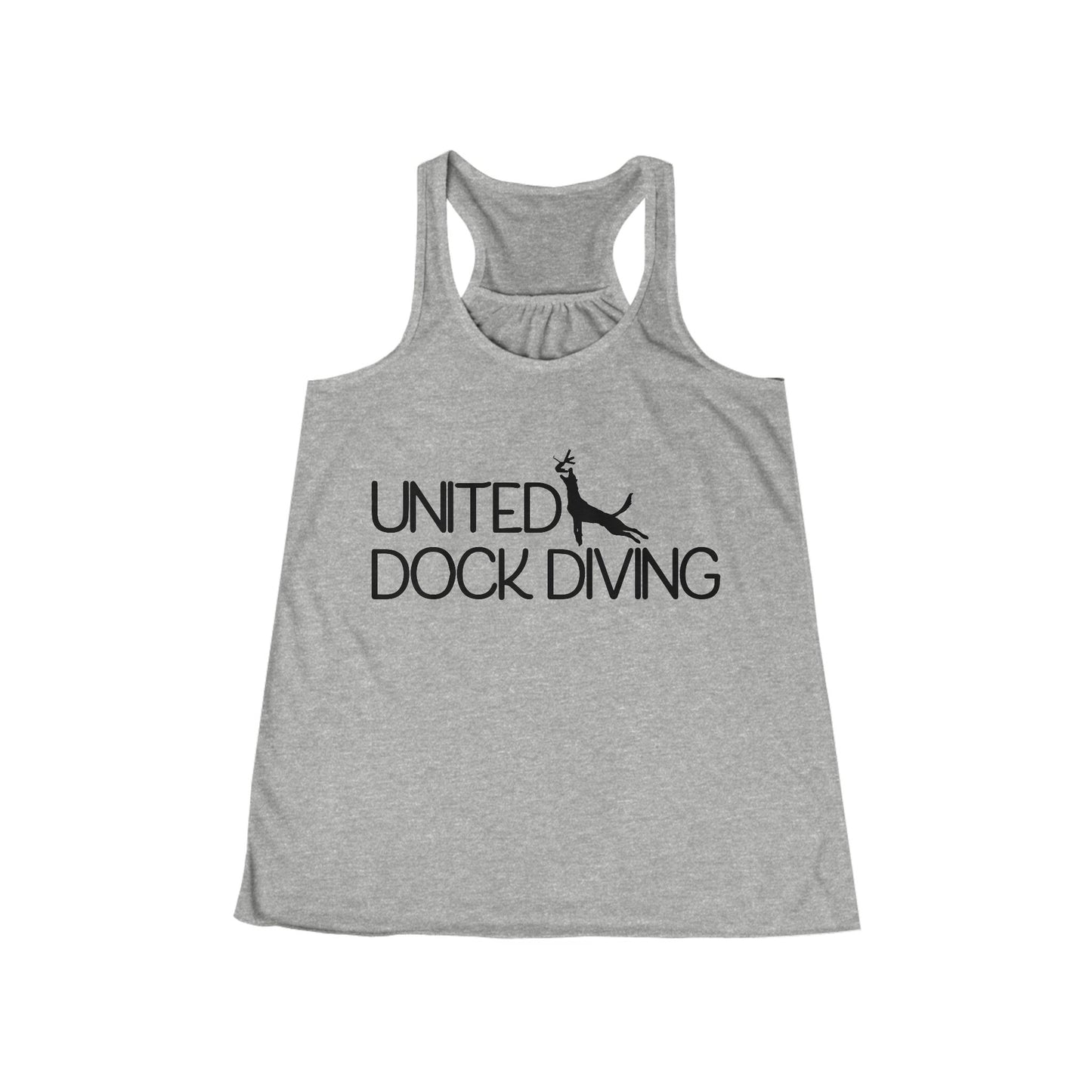 Women's Flowy Racerback Tank with 'United Dock Diving' Print, Summer Activewear, Beachwear, Casual Fitness Top, Dog Lovers Apparel