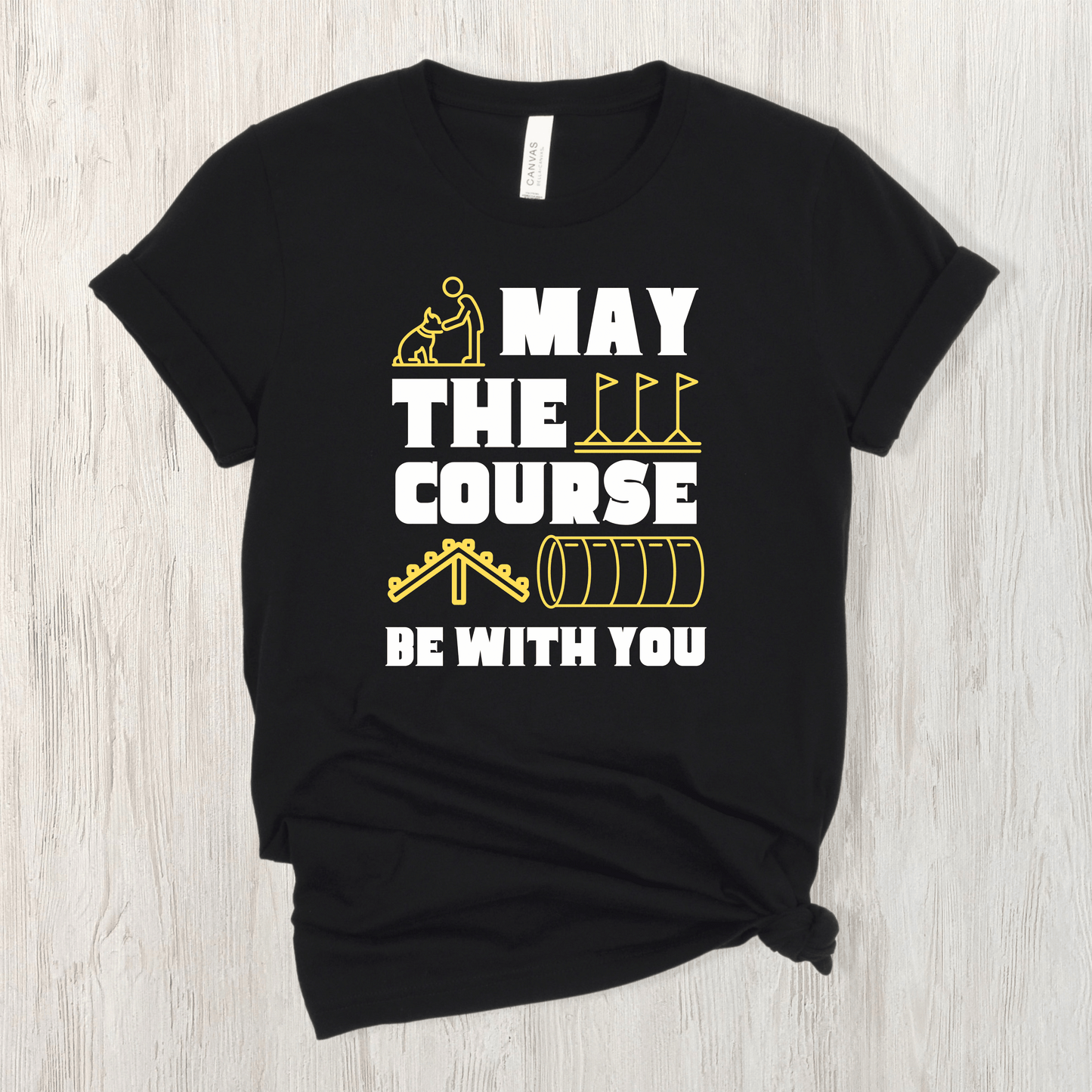 Black tee featuring the text "May The Force Be With You" as well as agility related images.