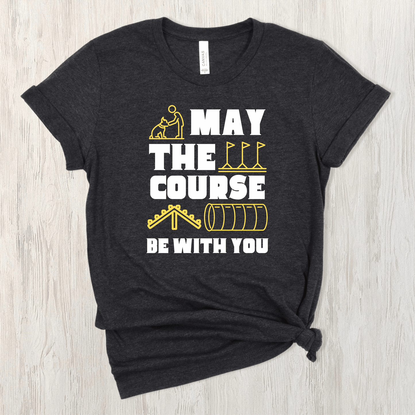 Dark Grey Heather tee featuring the text "May The Force Be With You" as well as agility related images.