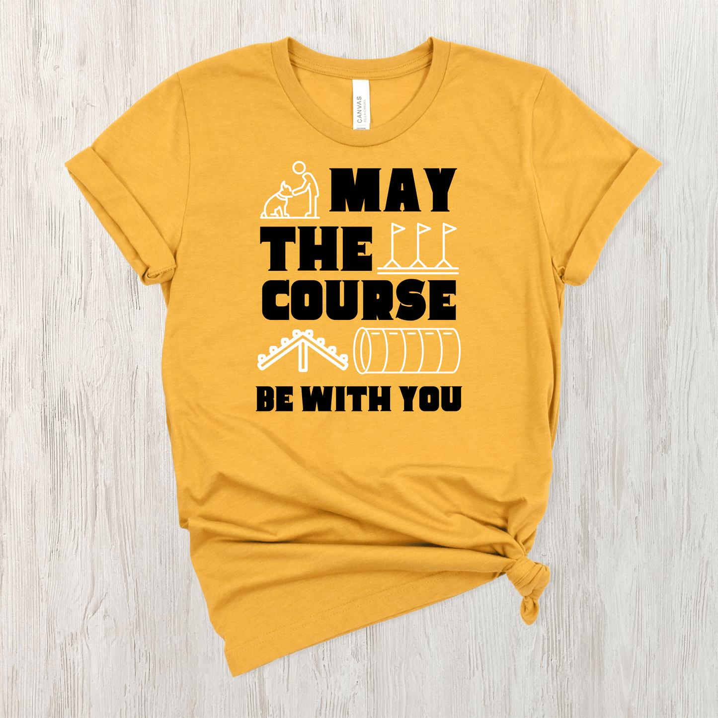 Mustard Heather tee featuring the text "May The Force Be With You" as well as agility related images.