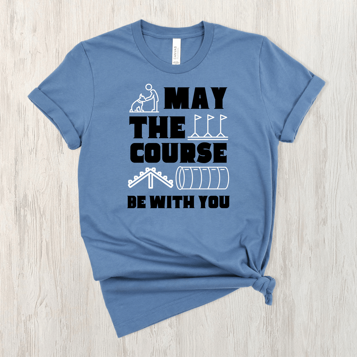 Steel Blue tee featuring the text "May The Force Be With You" as well as agility related images.